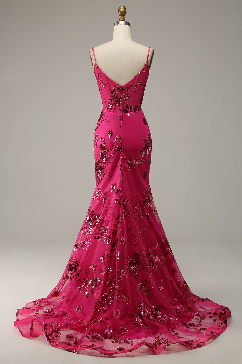 Luolandi Fuchsia Mermaid Sequins Print Long Prom Dress Sparkly Evening Dresses